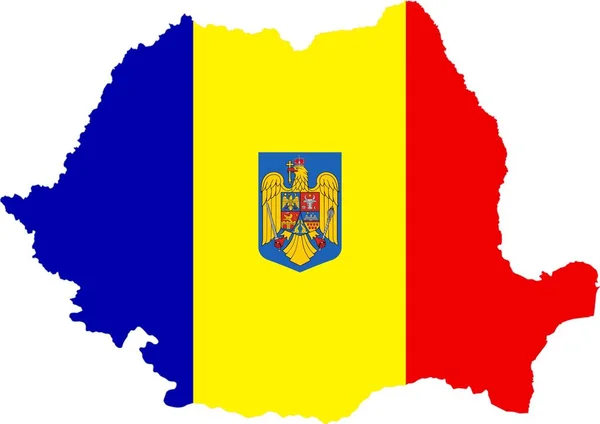 Rumäniens Flagga Med Dess Emblem Och Landsform — Stockfoto