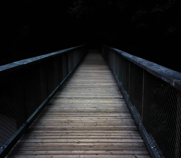 在扶手上有链环的木桥通向一片漆黑的森林 这对令人生畏的概念很有帮助 — 图库照片