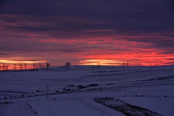 Imagine Frumoasă Unui Apus Soare Roșu Fascinant Pantele Înzăpezite — Fotografie, imagine de stoc