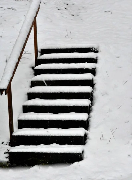 Вертикальный Снимок Лестницы Покрытой Кристально Чистым Снегом — стоковое фото