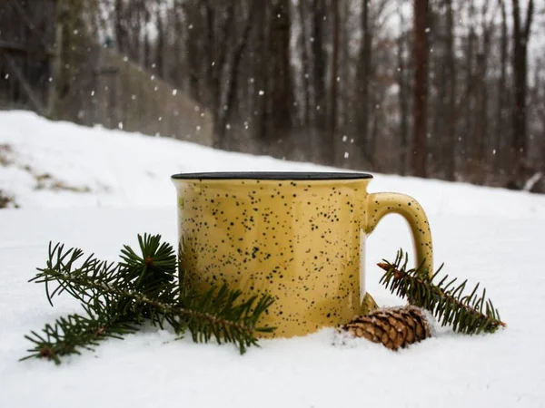 Красивый Снимок Старой Металлической Кружки Лесу Снегу Рядом Еловыми Ветвями — стоковое фото