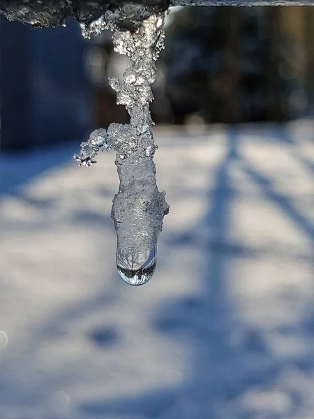 Eine Vertikale Aufnahme Eines Schmelzenden Eiszapfens Mit Verschwommenem Hintergrund — Stockfoto