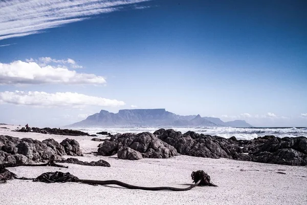 Okyanus Kıyısında Bulutların Altında Mavi Gökyüzünde Nefes Kesici Bir Kumsal — Stok fotoğraf