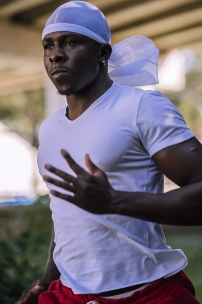 Vertical Shot African American Male White Shirt Jogging Park Daytime — Stock Photo, Image