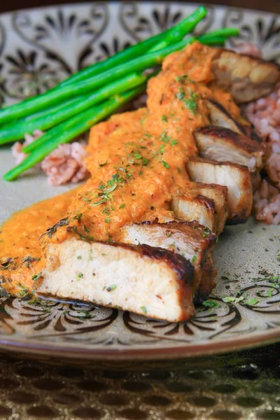 Dish Sliced Meat Rice Greens Orange Garnish Served Plate Patterns — Stock Photo, Image
