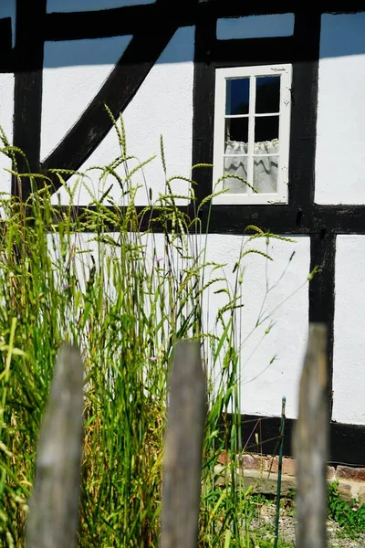 Une Maison Noir Blanc Avec Clôture Bois Herbe Premier Plan — Photo