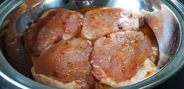 Closeup Shot Marinated Pork Slices Silver Roaster — Stock Photo, Image