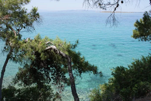 Une Vue Sur Mer Égée Bleue Étincelante Depuis Des Rochers — Photo