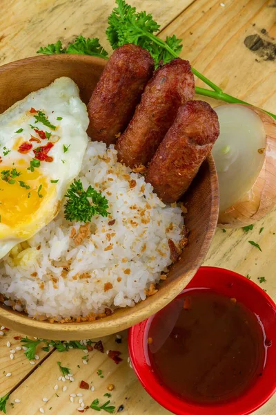 Some Rice Omelet Sausages Seasonings Served Bowl Souse Nearby — Stock Photo, Image