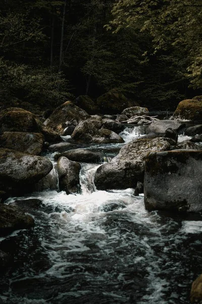 Tiro Bonito Vertical Rio Montanha Que Flui Pedras — Fotografia de Stock