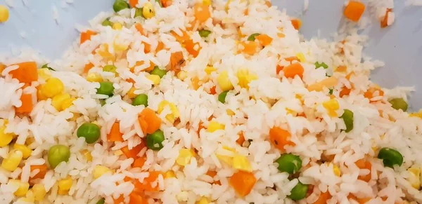 Closeup Shot Rice Green Beans Corn Carrots — Stock Photo, Image