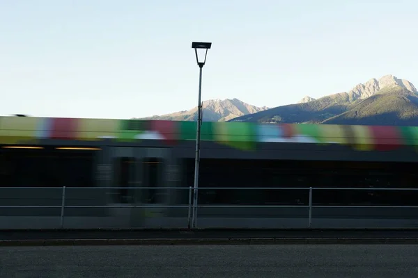 Blurred Moving Regional Colorful Train Meran City — Stock Photo, Image