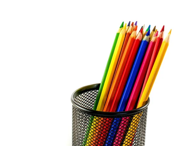Színes Ceruzák Közelsége Egy Fekete Dobozban Fehér Alapon Elszigetelt Fények — Stock Fotó