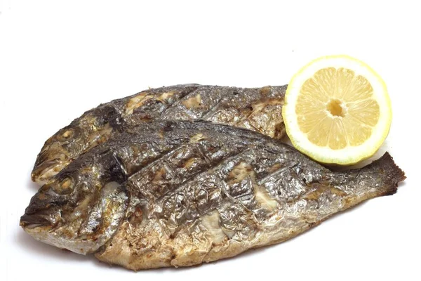 Närbild Bild Bild Grillad Havsruda Med Citron Vit Bakgrund — Stockfoto