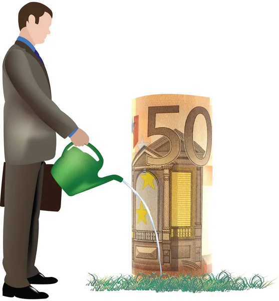 那位商人用白色背景孤立地浇灌欧元钞票 — 图库照片