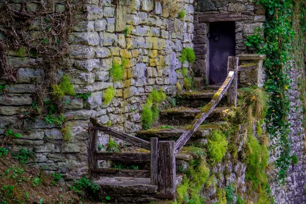 Μια Όμορφη Παλιά Σκάλα Οδηγεί Στην Πόρτα Ενός Κάστρου Πέτρινους — Φωτογραφία Αρχείου