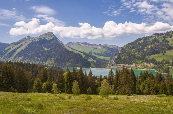 Krásný Záběr Lac Hongrin Jasně Modrou Oblohou Ideální Pro Cestování — Stock fotografie