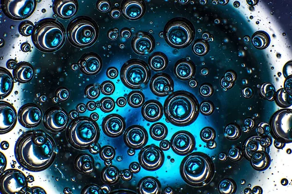 Tiro Macro Das Bolhas Sabão Fundo Azul Abstrato — Fotografia de Stock