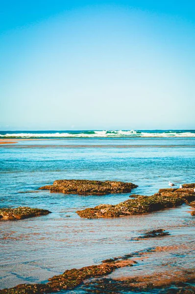 Belo Tiro Vertical Ondas Vibrantes Oceano Azul Redor Praia Rochosa — Fotografia de Stock