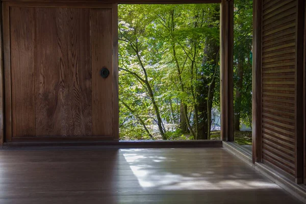 近代的な木造コテージの窓から見える森の中の木々の美しい景色 — ストック写真