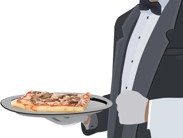 Ilustrace Číšníka Držícího Stříbrném Talíři Kousek Pizzy — Stock fotografie