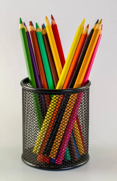 Vertical Shot Colorful Pencils Black Pen Holder — Stock Photo, Image