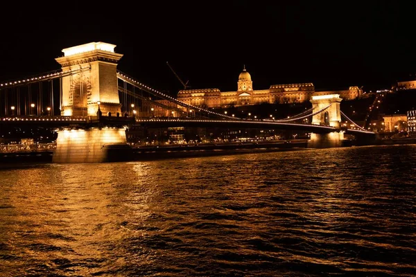 Щени Цепной Мост Через Реку Будапеште Венгрия Светится Ночью — стоковое фото