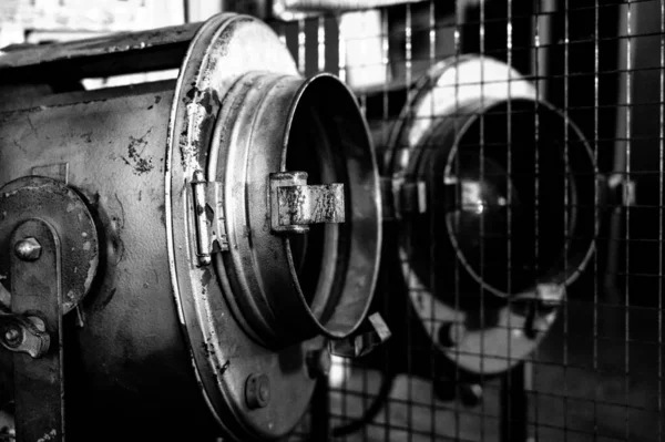 Grayscale Closeup Shot Detail Old Industrial Boat Royalty Free Stock Photos
