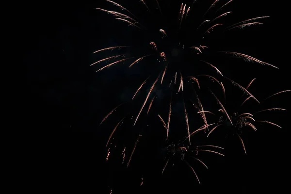 Low Angle Shot Beautiful Fireworks Exploding Dark Sky Background — Stock Photo, Image