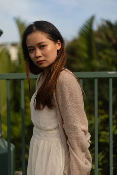 Vertical Shallow Focus Shot Asian Female Wearing White Dress Streets — Stock Photo, Image