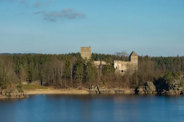 Ένα Πέτρινο Κάστρο Ανάμεσα Στα Δέντρα Στο Δάσος Και Λίμνη — Φωτογραφία Αρχείου