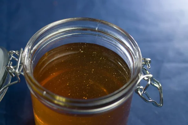 Closeup Opened Jar Fresh Golden Honey — Stock Photo, Image