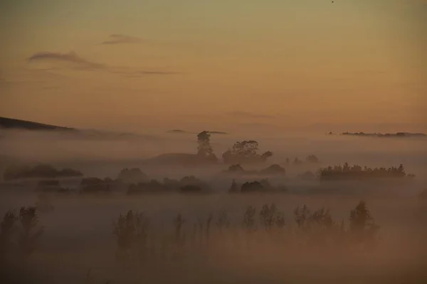 Высокоугольный Снимок Красивых Туманных Полей Холмов Захваченных Бухте Хоукс Новая — стоковое фото