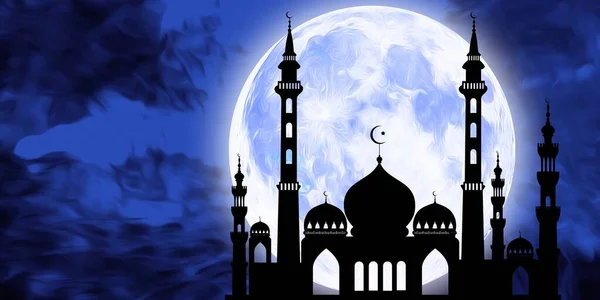 Silhouette Mosque Huge Glowing Moon Background — Stock Photo, Image