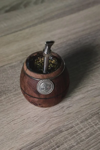 Thé Argentin Yerba Mate Dans Récipient Bois Écologique Avec Une — Photo