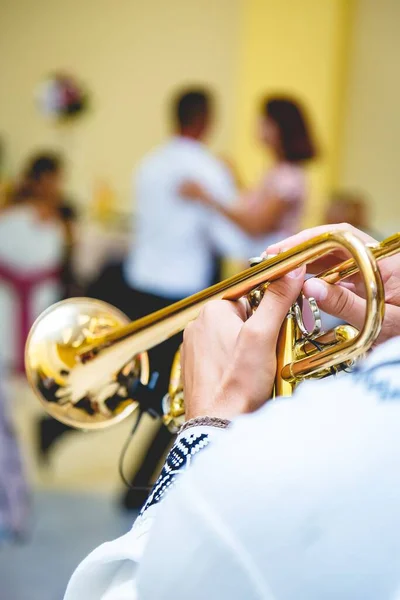 Uno Scatto Verticale Musicista Che Suona Tromba Mentre Gente Balla — Foto Stock