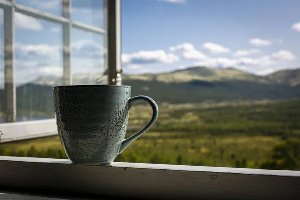 Green Mug Coffee Mountain View Open Window — Stock Photo, Image