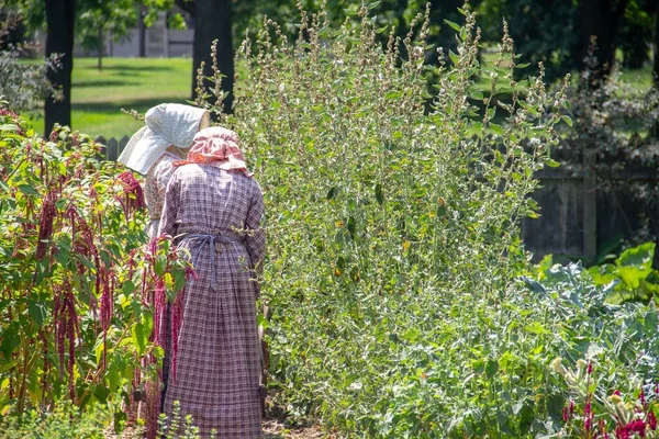 Två Kvinnor Med Hattar Omgivna Växter Parken — Stockfoto