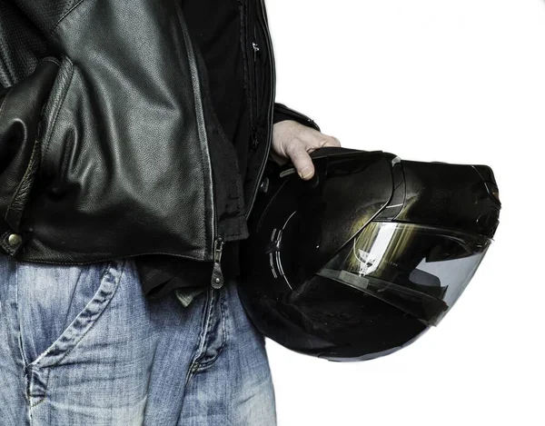 Motorista Jeans Chaqueta Cuero Sosteniendo Casco Motocicleta — Foto de Stock