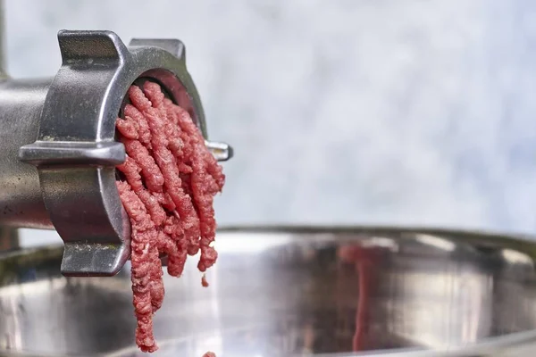 Closeup Ground Meat Coming Out Electric Meat Grinder — Stock Photo, Image