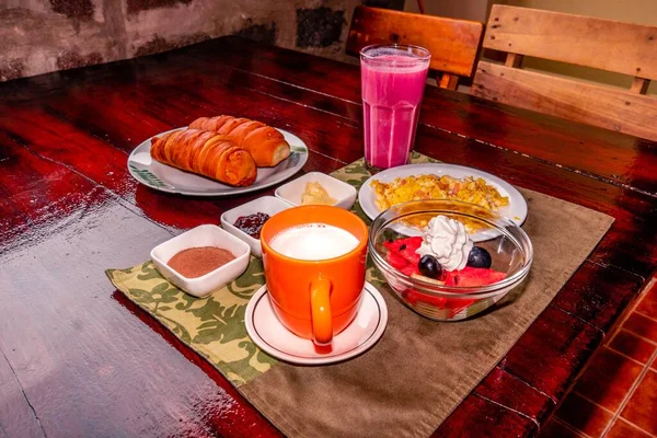 Висококутний Знімок Смачного Столу Сніданку — стокове фото