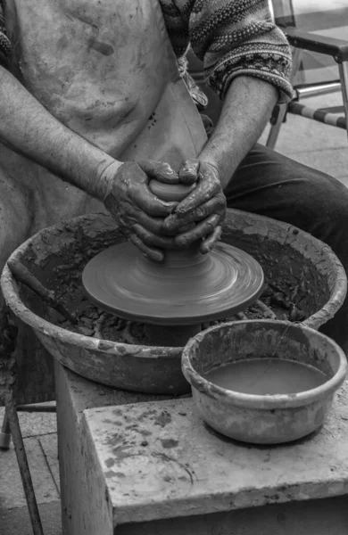 Vertical Greyscale Shot Person Wrinkled Hands Working Clay — Stock Photo, Image