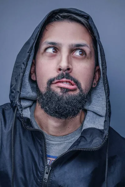 Vertical Shot Bearded Male Making Funny Face Camera Isolated Gray — Stock Photo, Image