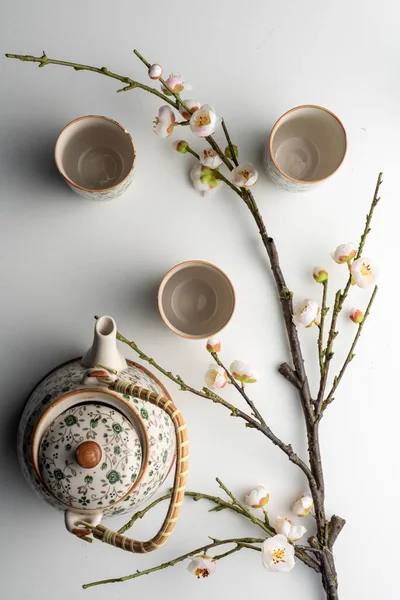 Overhead Shot Ornamented Teapot Cups Blooming Tree Branch White Background — Stock Photo, Image