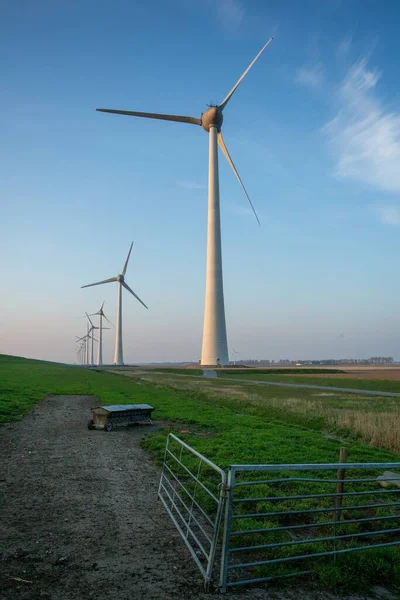 Pionowy Strzał Wysokich Turbin Wiatrowych Wzdłuż Westermeerdijk Holandii — Zdjęcie stockowe