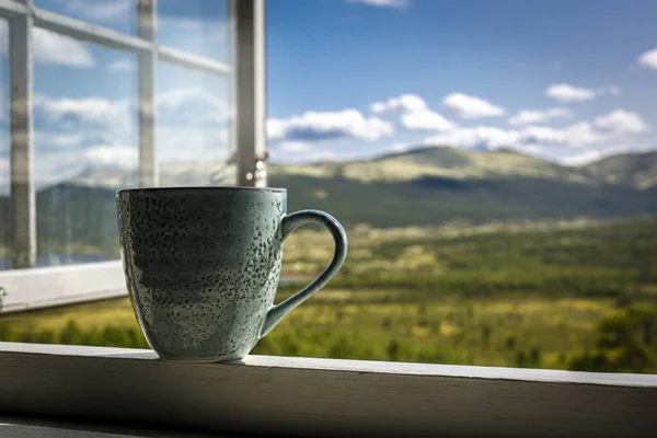 Green Mug Coffee Mountain View Open Window — Stock Photo, Image