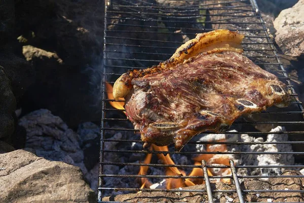 Close Carne Suculenta Cozinhar Uma Grelha — Fotografia de Stock