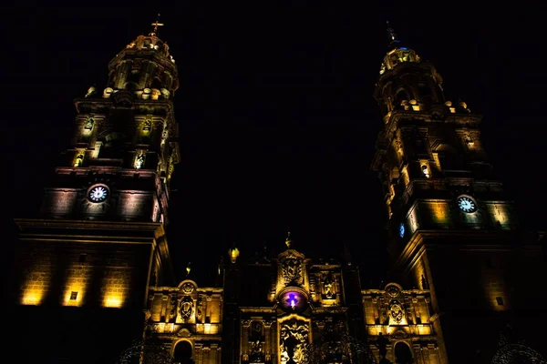 Plan Angle Bas Cathédrale Morelia Éclairée Nuit — Photo