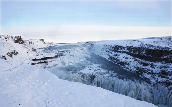 Водопад Gullfoss Исландии Европа Окружении Льда Снега — стоковое фото