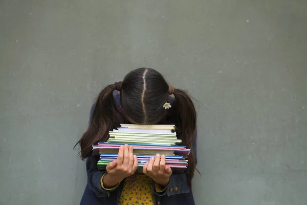 Young Girl Head Pile Books Isolated Gray Background — Stock Photo, Image